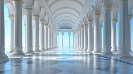 Grand white colonnade with marble floor and blue sky.