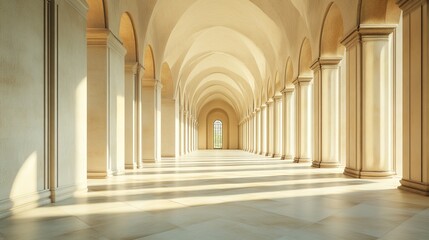 Obraz premium Sunlit arched hallway with columns and marble floor.