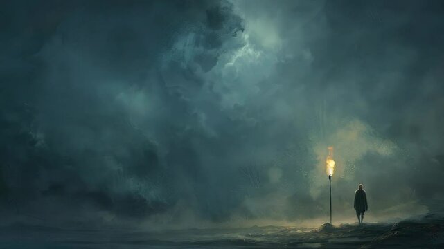 Truth seeker: figure grasping torch represents journey of discovery and exploration, illuminating darkness in search of truth, wisdom, clarity in world filled with uncertainty, confusion.