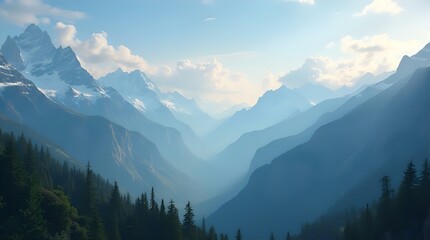 Obraz premium Majestic Himalayan Panorama: A Serene Valley Nestled Among Snow-Capped Peaks at Dawn