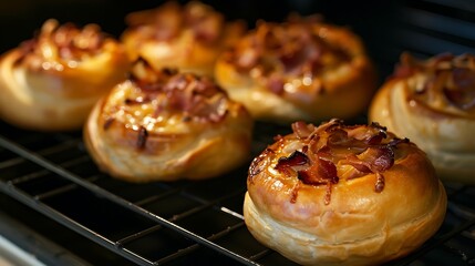 Warm rolls filled with crispy bacon and rich cheese inside the oven