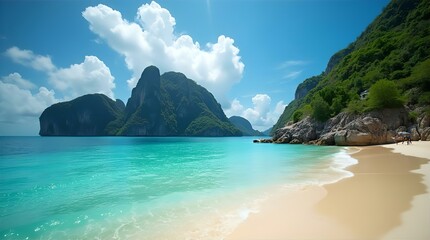 Idyllic Tropical Beach Scene: Turquoise Waters Lap Gentle Shores of Pristine Sand, Dramatic Limestone Cliffs Rise in the Background Under a Blue Sky with Fluffy White Clouds.