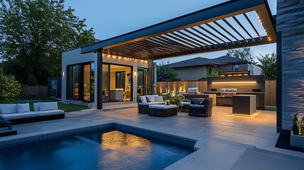 Modern backyard oasis with pool, pergola, and outdoor kitchen at dusk.