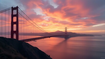 Golden Gate Bridge at Sunrise: A Dramatic Panorama of Vibrant Hues and Serene Waters, Viewed from a Coastal Clifftop