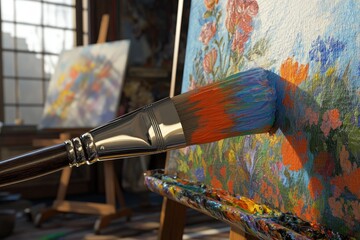 Obraz premium A paintbrush applies vibrant colors to a floral canvas in an artist's studio.