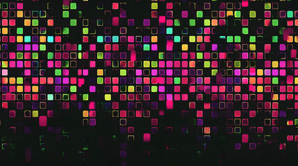 Vibrant digital noise pattern with colorful squares in various shades. This abstract design features mix of pink, green, and yellow hues against dark background, creating lively visual effect
