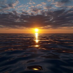 Obraz premium Golden Sunset Over Calm Ocean with Reflective Water and Dramatic Cloudy Sky 