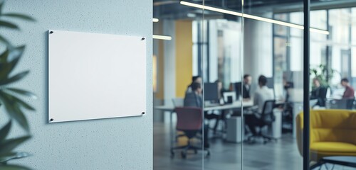 Obraz premium High-res tech wall with white sign, young workers, and chic decor inside.