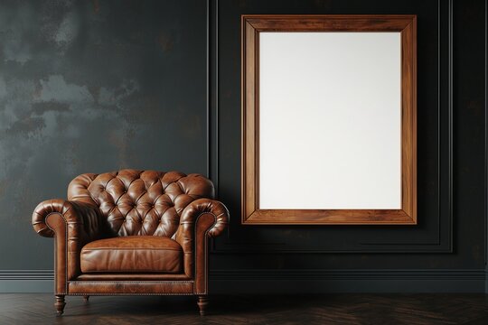 Darkened room features a leather armchair and a wooden frame.