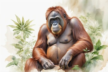 A majestic orangutan sits amidst lush foliage, conveying a sense of calm and strength.