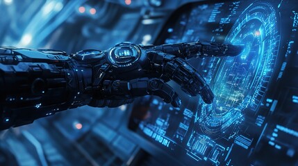 Obraz premium Futuristic Robotic Arm Reaching Towards Digital Interface in Background