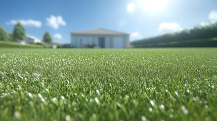 Dew-Covered Grass in a Bright Sunny Yard