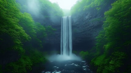 Misty waterfall cascading down lush green cliff.
