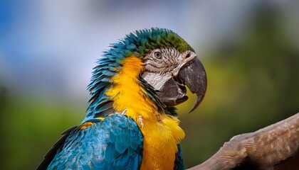 Fototapeta premium Blue and gold macaw parrot grooming itself, showing vibrant turquoise feathers and yellow-green head markings against a blurred background