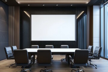 Chic conference room with black wall, ironwood table, and espresso floor.