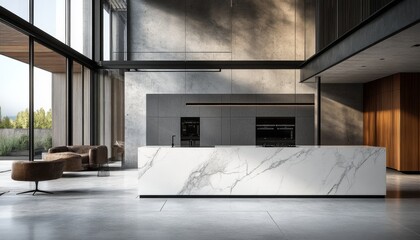 Modern kitchen design with marble island, concrete walls, and large windows overlooking a patio.