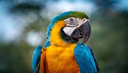 Blue and gold macaw parrot grooming itself, showing vibrant turquoise feathers and yellow-green head markings against a blurred background