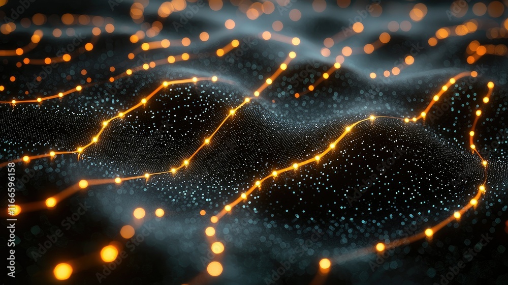 Poster abstract representation of interconnected data points in a digital landscape.