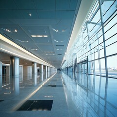 Obraz premium Modern Airport Terminal Interior Architecture: Sleek Design, Spacious Hallway, and Expansive Windows