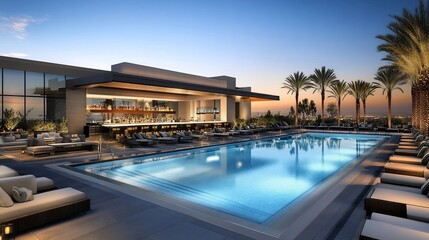 Fototapeta premium Rooftop Poolside Paradise: Luxurious Sunset View