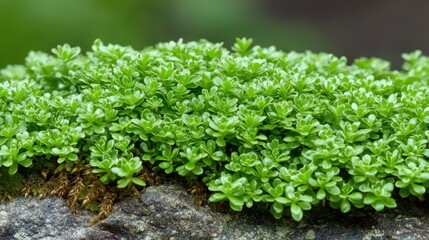 Fototapeta premium A lush carpet of vibrant green moss covers a rocky surface, showcasing fine texture and natural beauty in a serene environment.