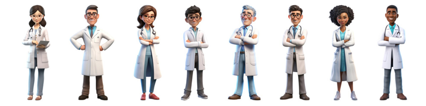 PNG Diverse cartoon medical professionals, isolated element set, transparent background