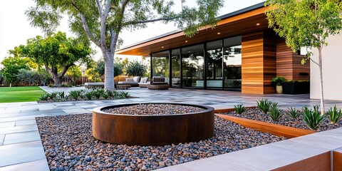 Obraz premium backyard with landscaping - green lawn and shrubs