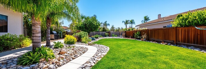 backyard with landscaping - green lawn and shrubs