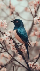 Fototapeta premium A colorful bird perched on a branch surrounded by delicate pink flowers.