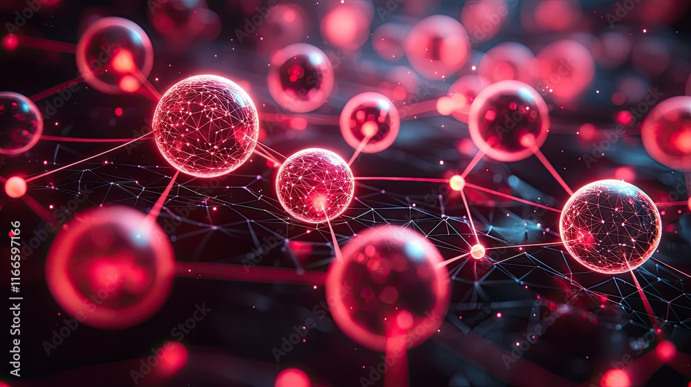 Poster abstract representation of interconnected particles and networks in a vibrant red hue.