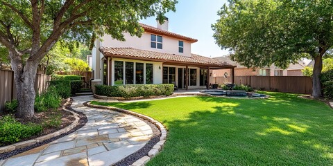 backyard with landscaping - green lawn and shrubs