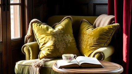 Peaceful Reading Nook, Soft Sofa with a Book and Tea in a Cozy Atmosphere, Hygge Lifestyle, Comfortable Sofa with a Hot Drink and Book for Relaxation