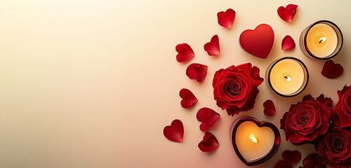A romantic painting of red roses, heart-shaped candles, and rose petals, perfect for Valentine's Day themes.


