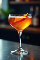 Sparkling cocktail in coupe glass, ready to drink , refreshing, citrus, beverage
