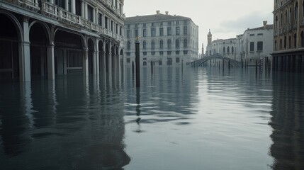 A flooded urban scene depicting buildings and reflections in still water.