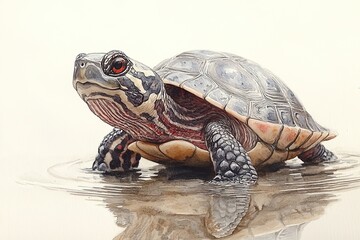 Obraz premium A realistic illustration of a turtle resting in shallow water.