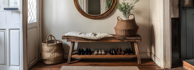 A charming rustic entryway with a wooden console table, vintage mirror, and a small cozy bench with shoes neatly arranged underneath
