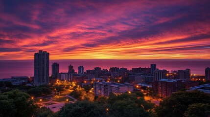 Fototapeta premium Fiery Cityscape Sunrise: A Breathtaking Chicago Dawn