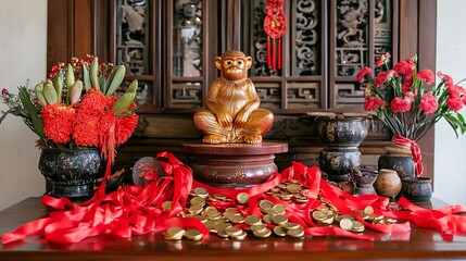 Fototapeta premium Golden Monkey Statue with Red Ribbons and Gold Coins for Lunar New Year