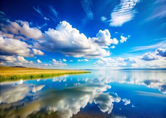 Serene Minimalist Landscape: Vast Blue Sky, Fluffy Clouds, Vertical