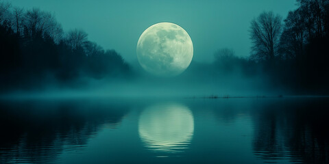 Fototapeta premium Misty lake, full moon reflection.