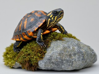 Fototapeta premium A colorful turtle perched on a mossy rock, showcasing its vibrant shell patterns.