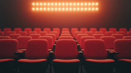 Front view of red seats in an empty movie theater. Modern cinema and red chairs.
