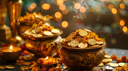 Overflowing gold coins in pots symbolizing wealth and abundance surrounded by festival decorations