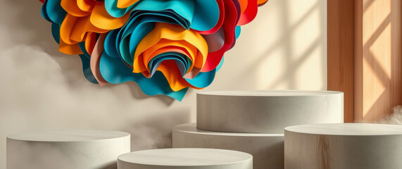 colorful paper flower arrangement above minimalist cylindrical display