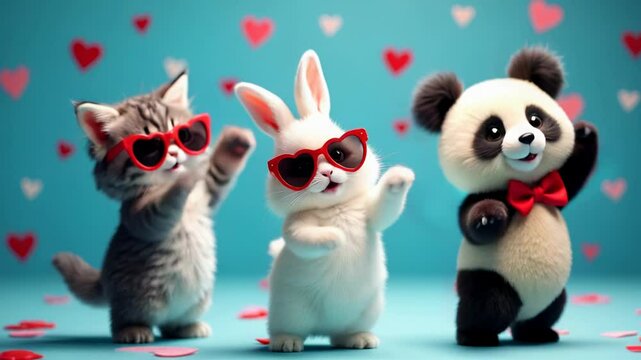 A dancing cat, bunny, and panda wearing red heart-shaped sunglasses dancing. The background features floating hearts, creating a fun, playful, and cute atmosphere.