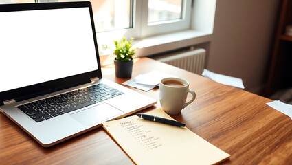 Fototapeta premium Laptop and Coffee on Desk, Productive Workspace, Remote Work, Office Setup, Workstation with Laptop and Coffee , Freelancer, Cozy Workspace, Modern Office