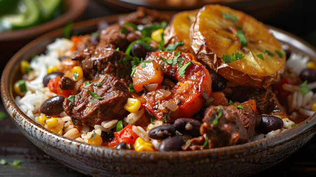 Pabellon Criollo dish featuring rice, black beans, tender beef, and sweet fried plantains. Venezuelan dish