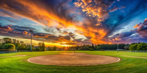 Serene Sunset Baseball Field: Lush Green Grass, Dramatic Clouds, Peaceful Atmosphere