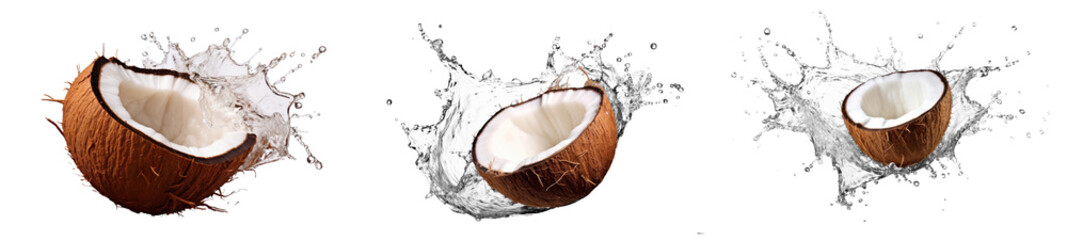 Splashing coconut png cut out element set, transparent background